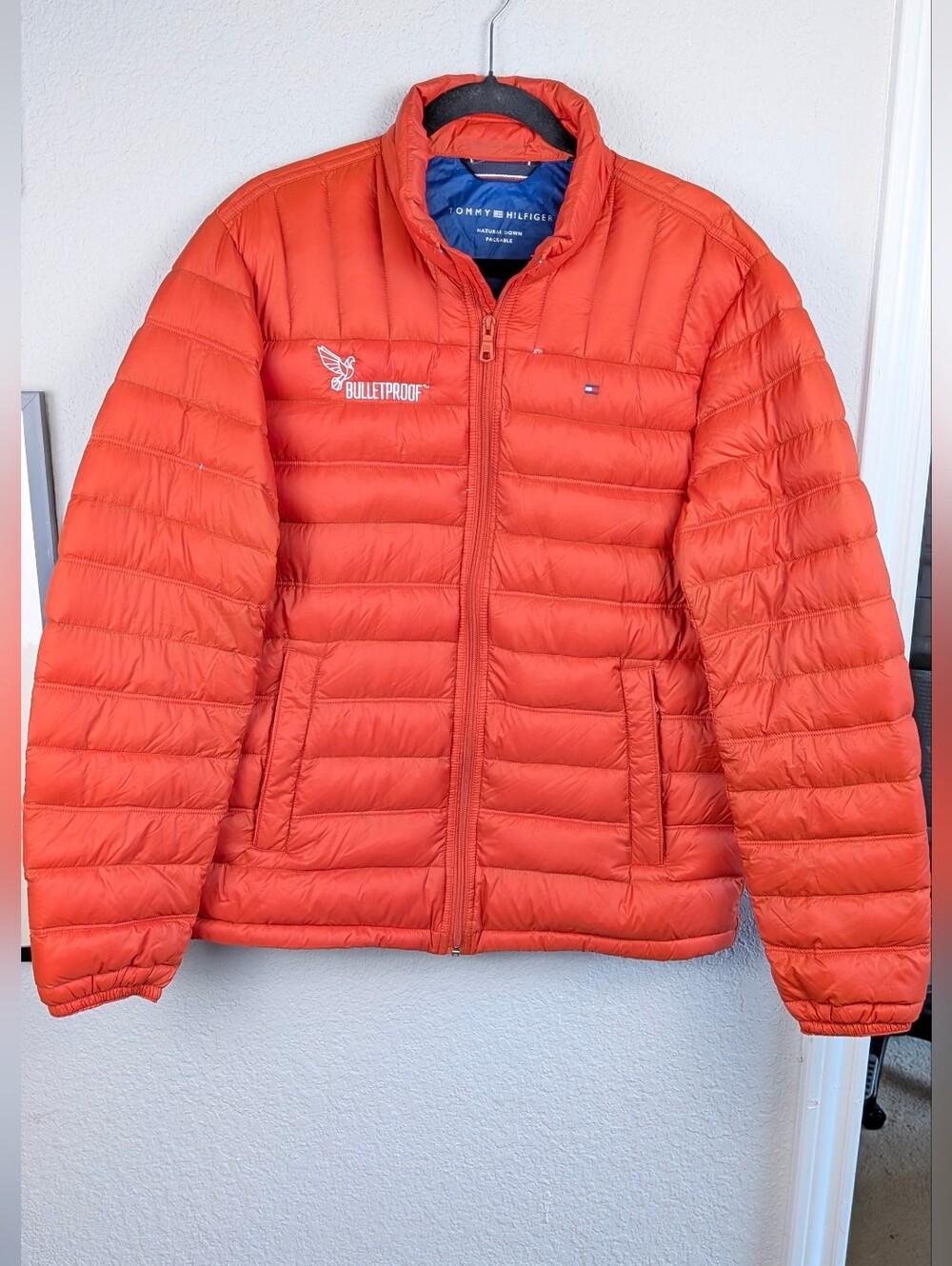 Tommy Hilfiger Down Puffer Jacket M Bulletproof Logo Orange Excellent Condition